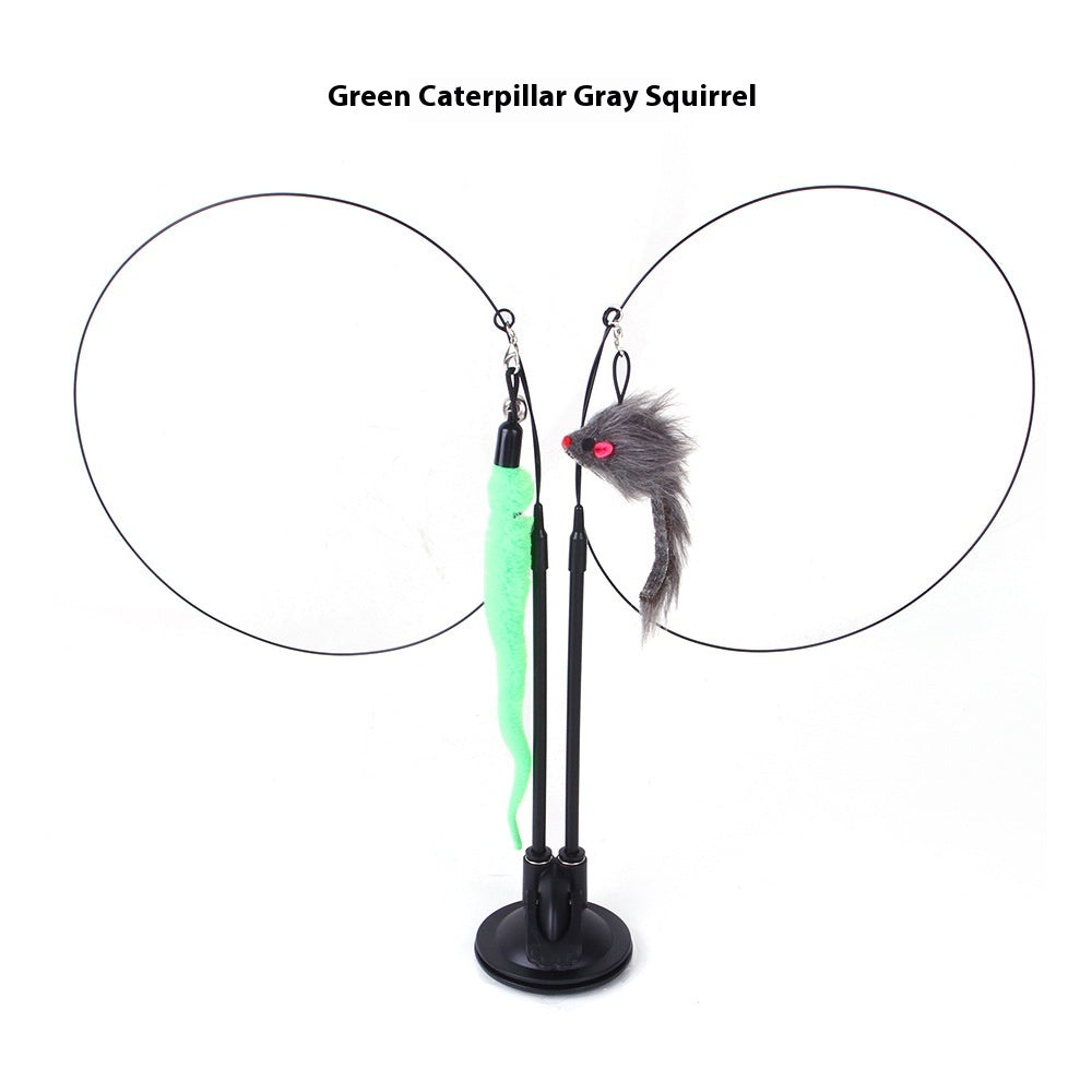 Cat teaser toy with green caterpillar and gray squirrel lures, front view