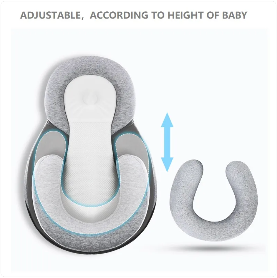 Anti-spit-up baby pillow with adjustable headrest for baby's height, front view