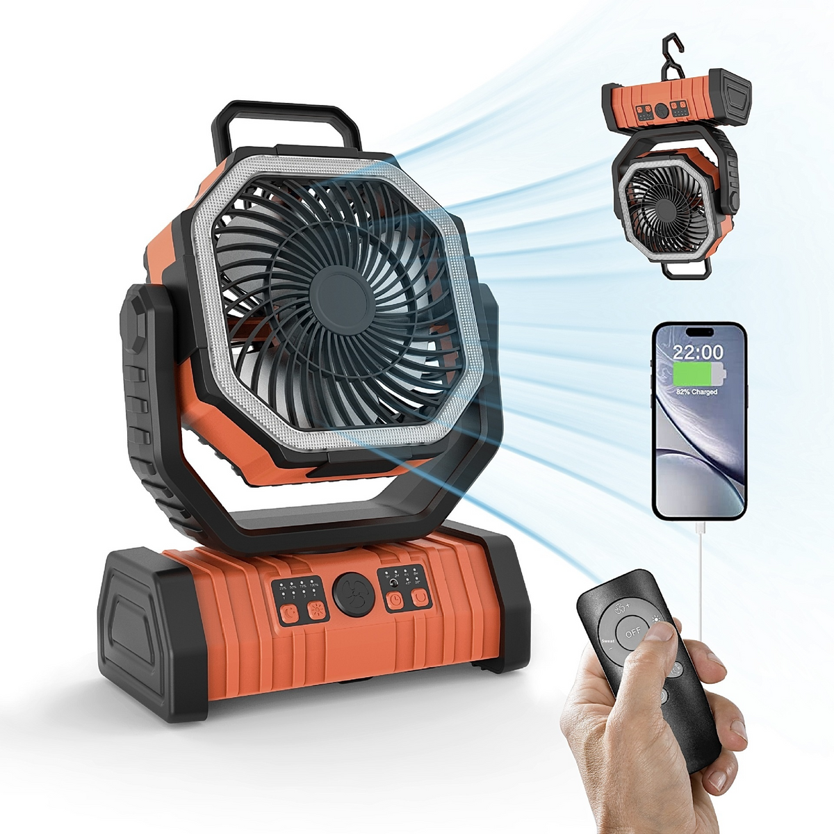Orange camping fan with LED light, hanging lantern, remote and phone charging, front view
