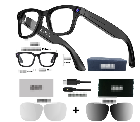 AI camera smart glasses kit with case, cable and clip-on lenses, front view
