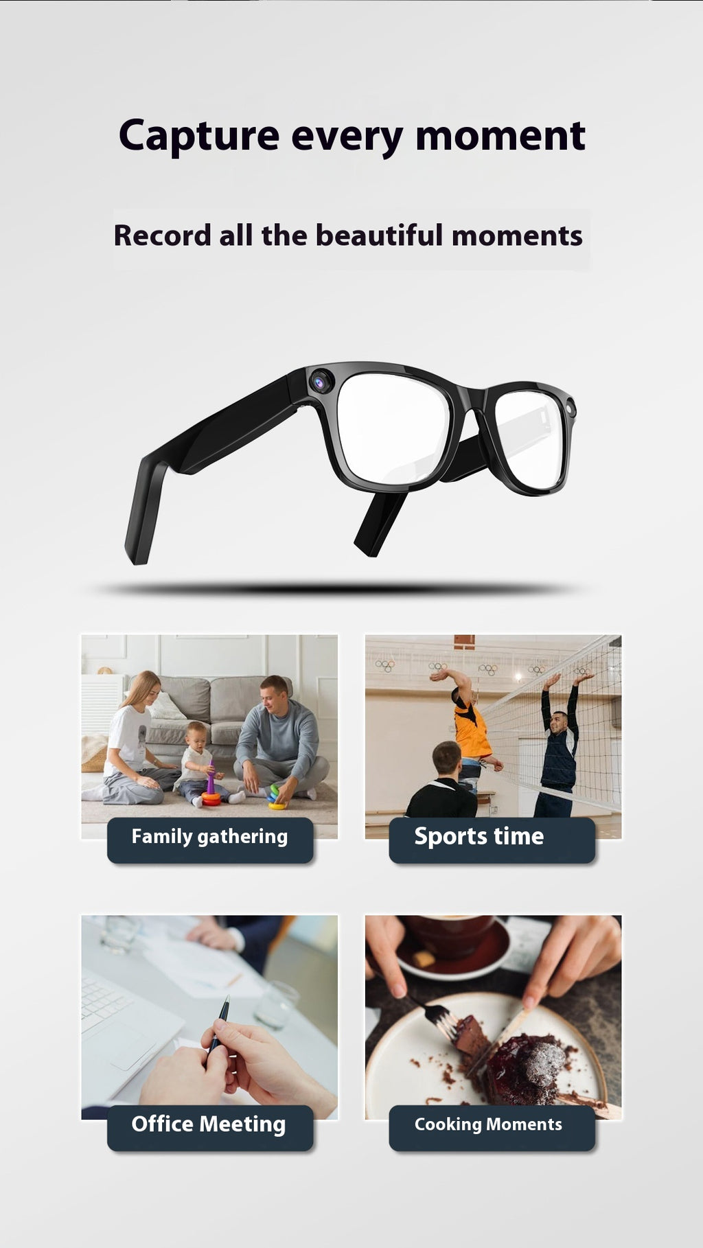 AI camera smart glasses used for family, sports and office moments