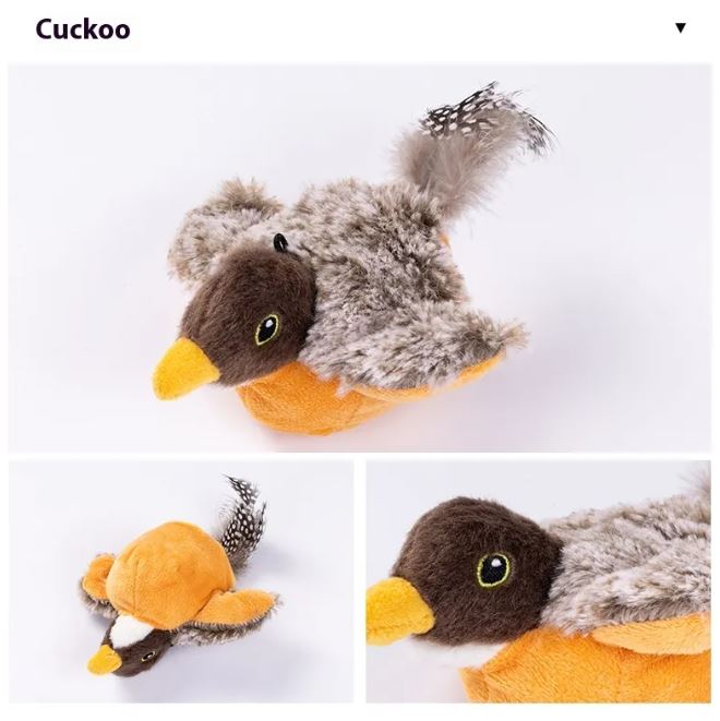 Orange-bellied flapping bird cat toy shown from several angles