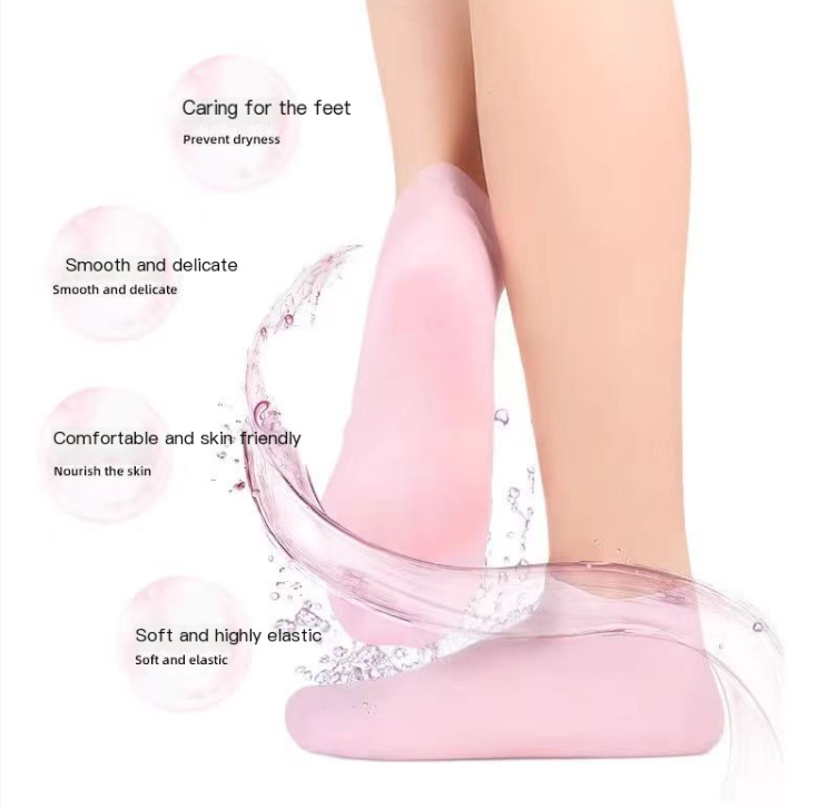 Foot wearing a pink silicone moisturizing sock with benefits listed