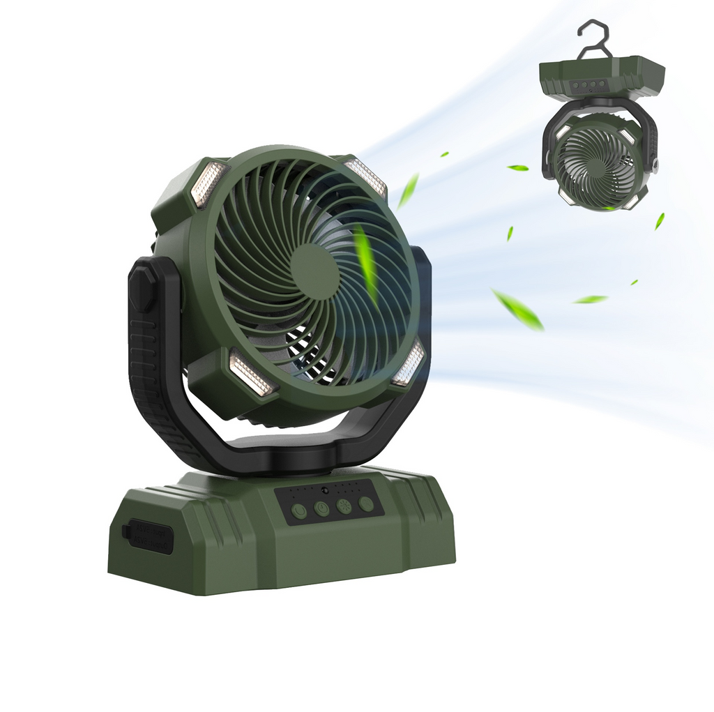 Green rechargeable camping fan with detachable LED lantern on top