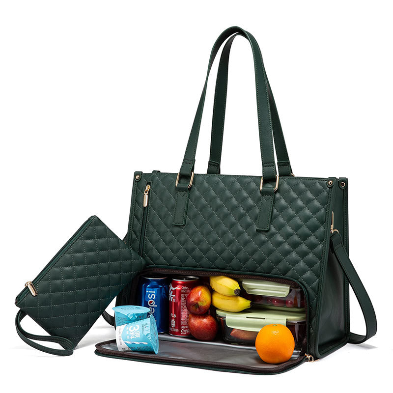 Dark green quilted insulated lunch tote with matching pouch and food inside, front view