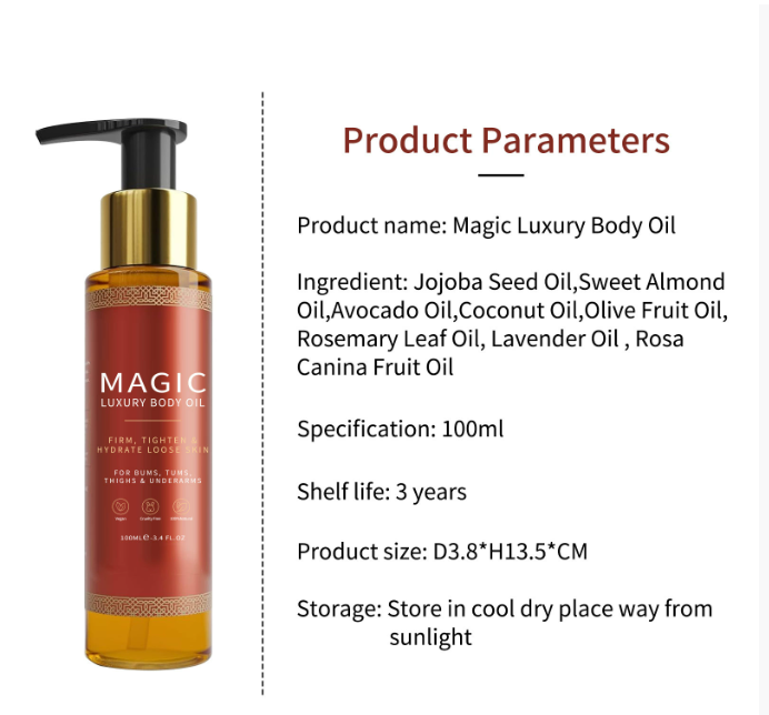 Magic body oil pump bottle with ingredients and size listed