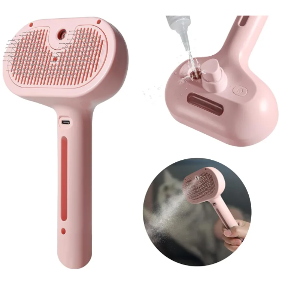 Pink pet hair spray brush with mist spray close-up, front view