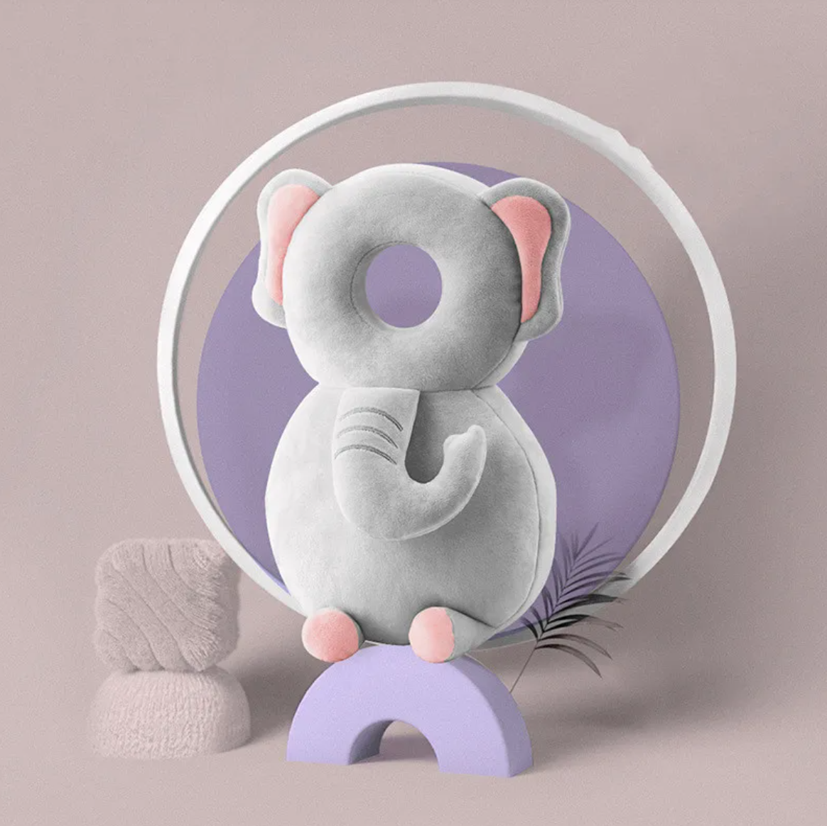 Gray elephant toddler head protection pad backpack, rear view, front view