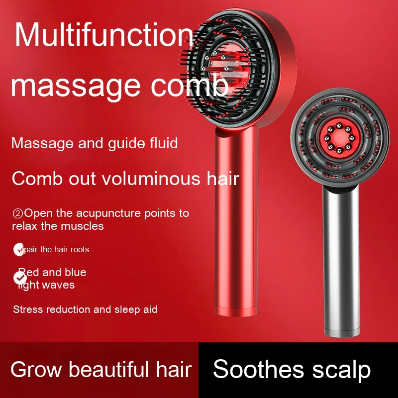 Red and silver scalp massager combs with features listed