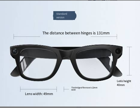 Front view of AI camera smart glasses with hinge and lens measurements