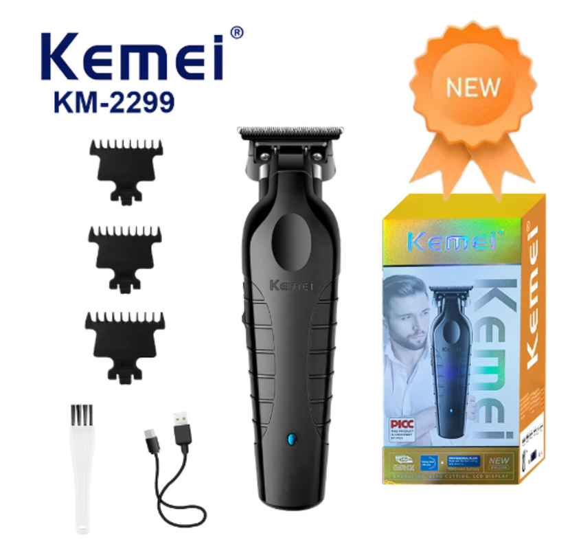 Black cordless hair clipper set with guards, cable and retail box