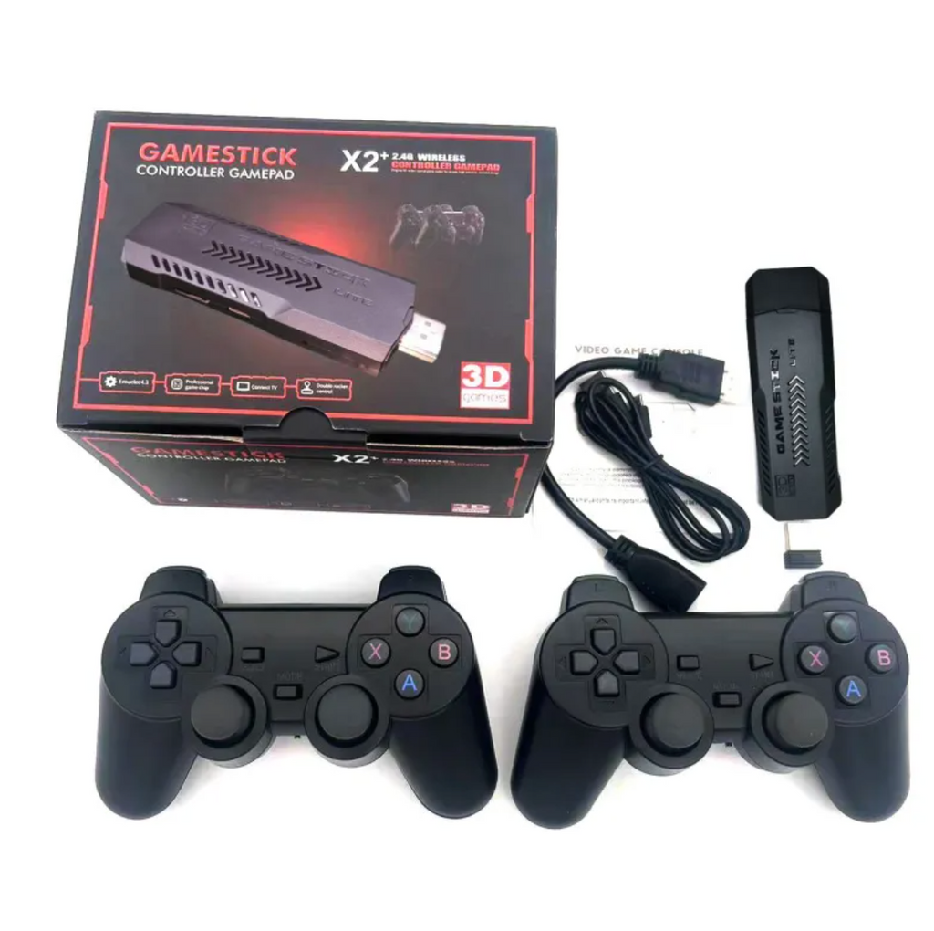 Retro game stick console kit with box, two controllers and HDMI stick
