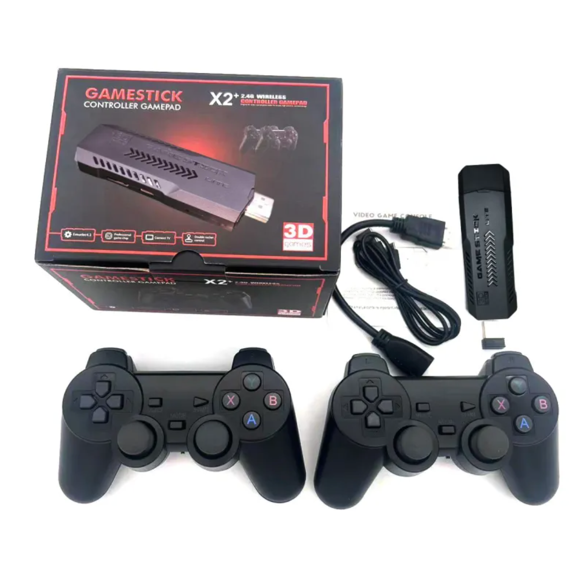 Retro game stick console kit with box, two controllers and HDMI stick