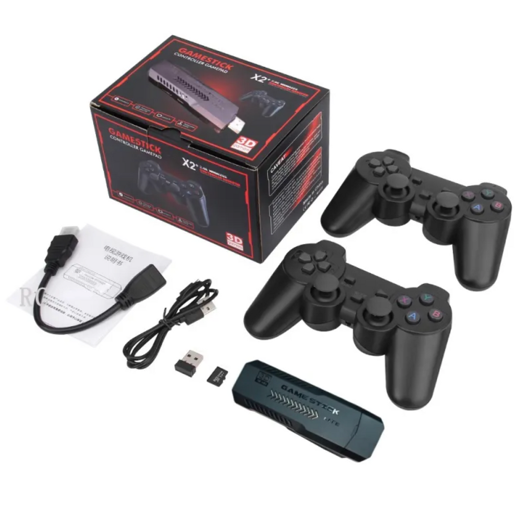 Retro game stick console kit with box, two controllers and HDMI stick, front view