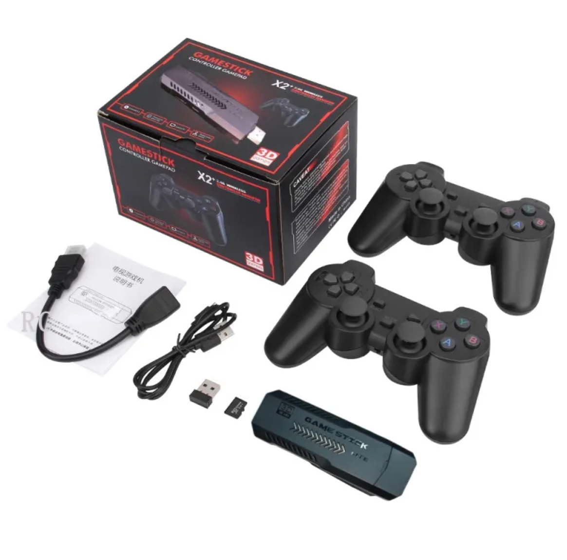 Retro game stick console kit with box, two controllers and HDMI stick, front view