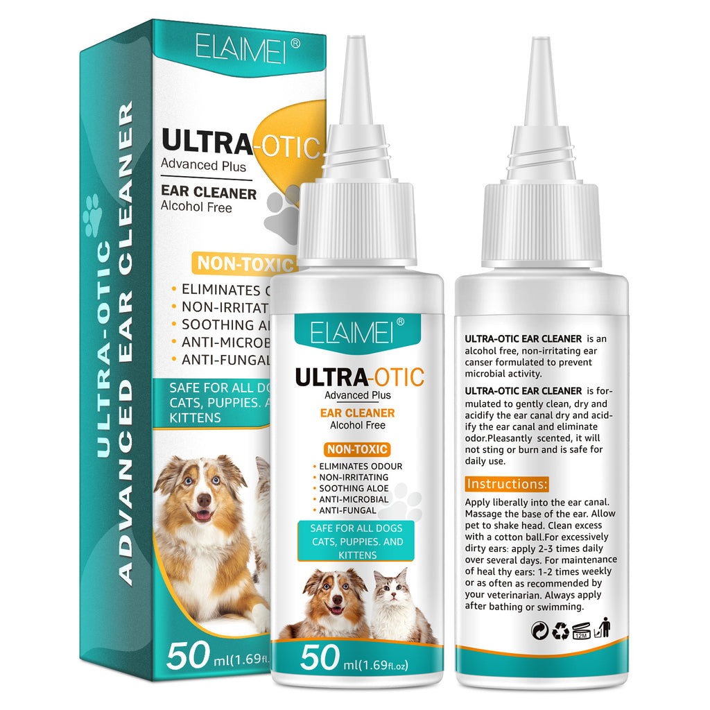 Pet ear cleaner box with front and back of two bottles