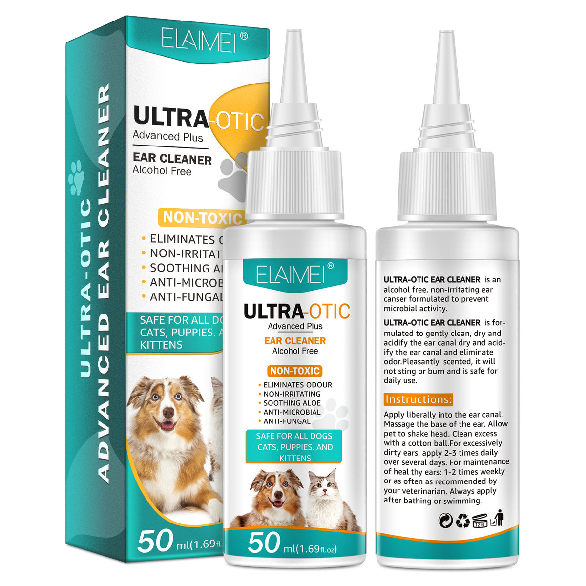 Pet ear cleaner box with front and back of two bottles