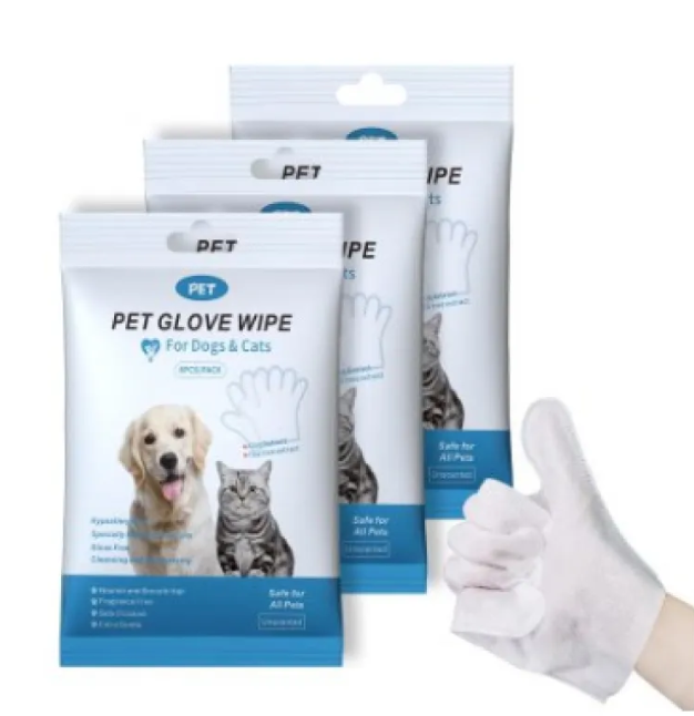 Three packs of pet glove wipes with a glove giving thumbs up