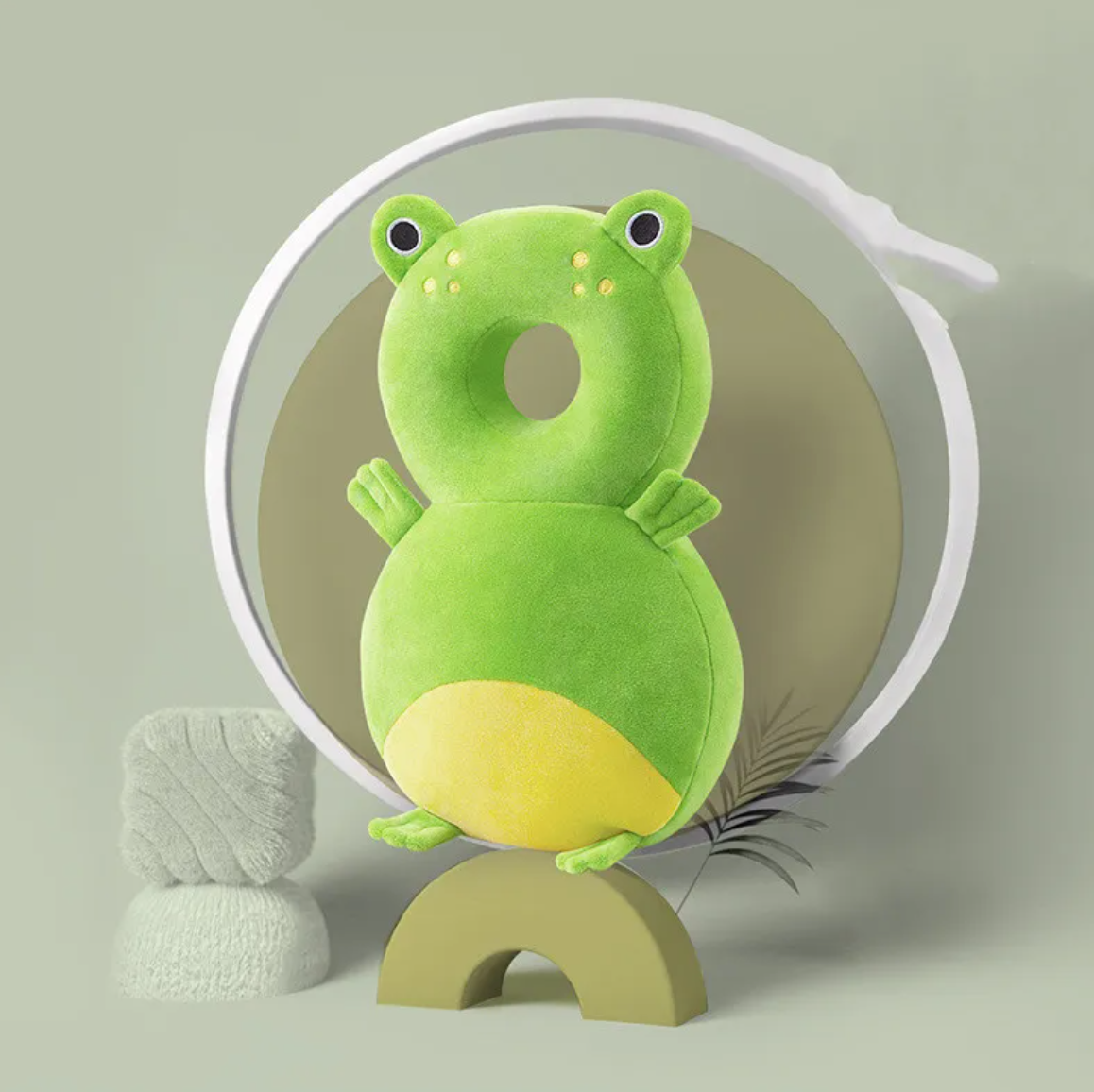 Green frog toddler head protection pad backpack, rear view