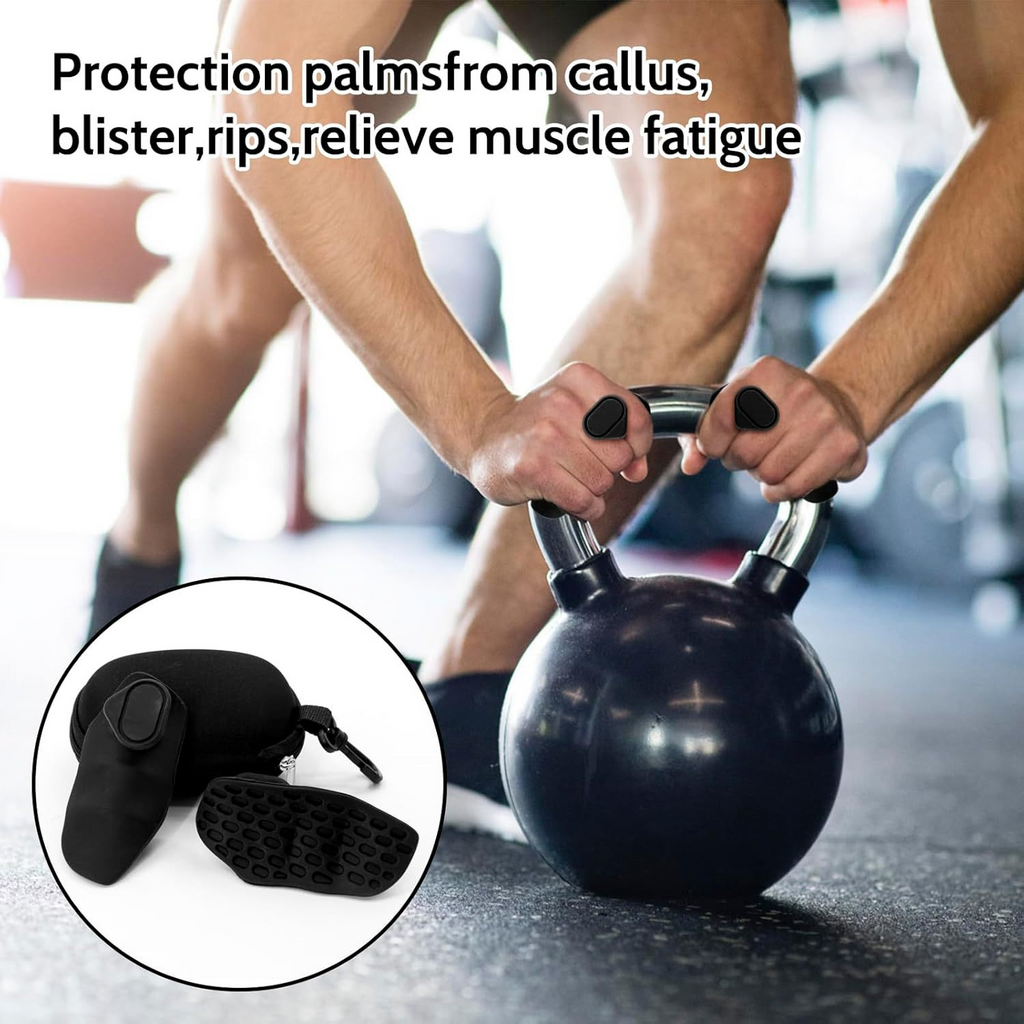Silicone grip pads protecting hands while lifting a kettlebell