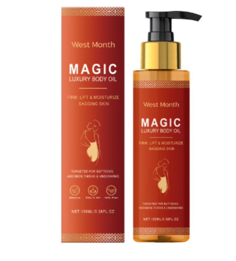 Magic body oil bottle standing next to its red box, front view
