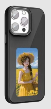Gray NFC E-ink phone case displaying a girl in a yellow dress