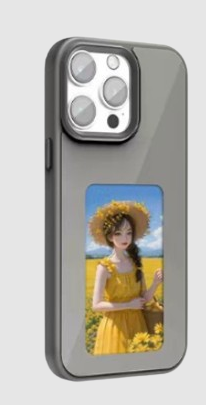 Gray NFC E-ink phone case displaying a girl in a yellow dress shown upright