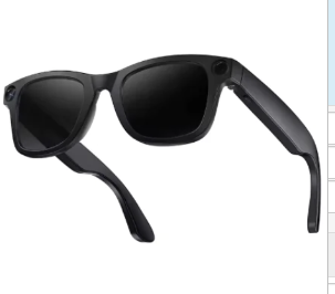 Black AI camera smart glasses with dark sunglass lenses shown upright