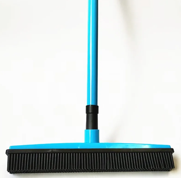Pet hair removal broom with rubber bristles and blue handle
