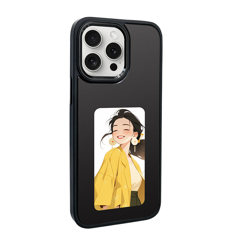 Black NFC E-ink phone case displaying a cartoon girl in a yellow jacket shown upright