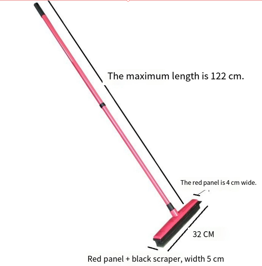 Pink pet hair broom extended to 122 cm with head dimensions