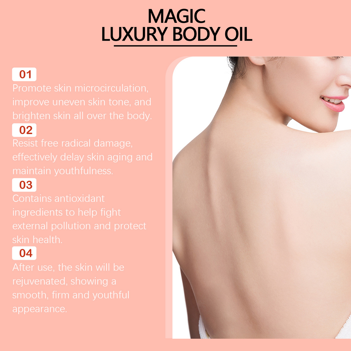 Soothing body oil benefits listed beside a woman's bare back