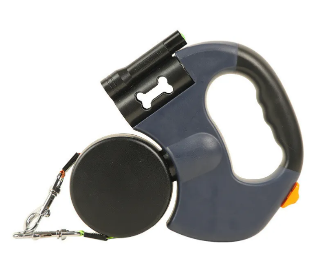 Gray and black auto double dog leash with bone bag holder