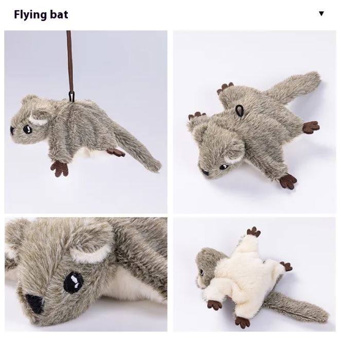 Gray squirrel-style flapping cat toy shown from four angles