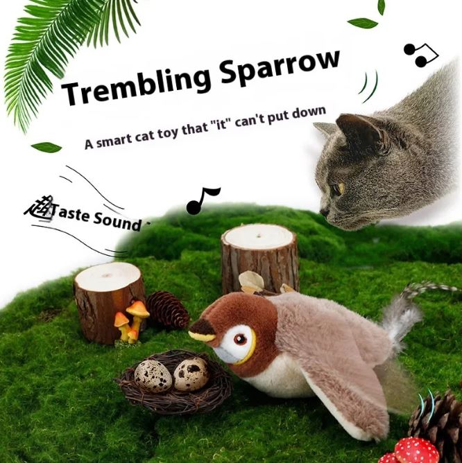Brown sparrow cat toy on moss with a cat watching