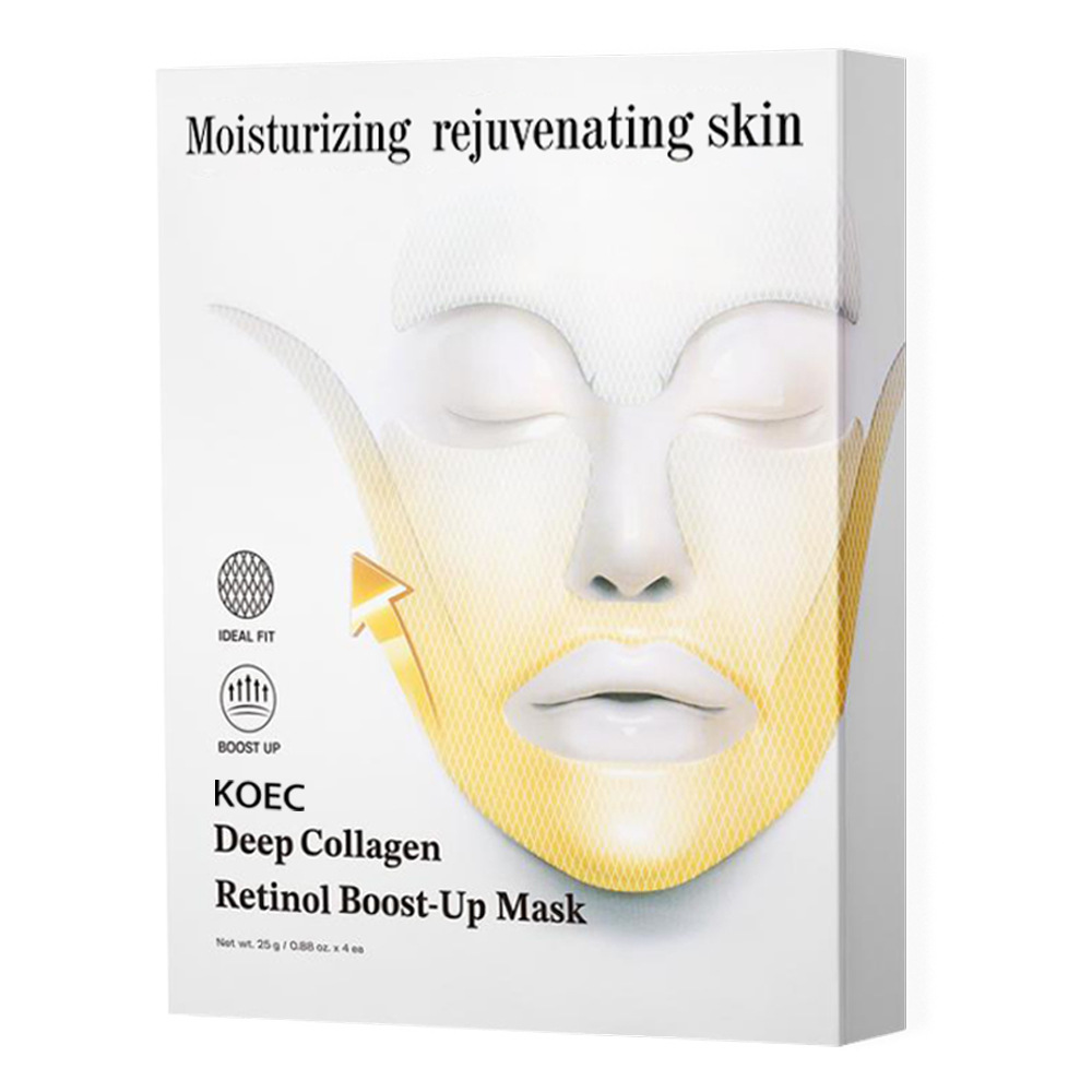 Box of deep collagen lifting face masks with a gold-tinted face, front view