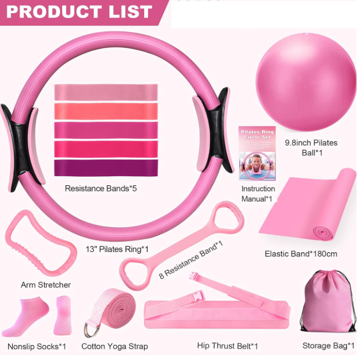 Labeled product list of the pink 13-piece yoga and Pilates set