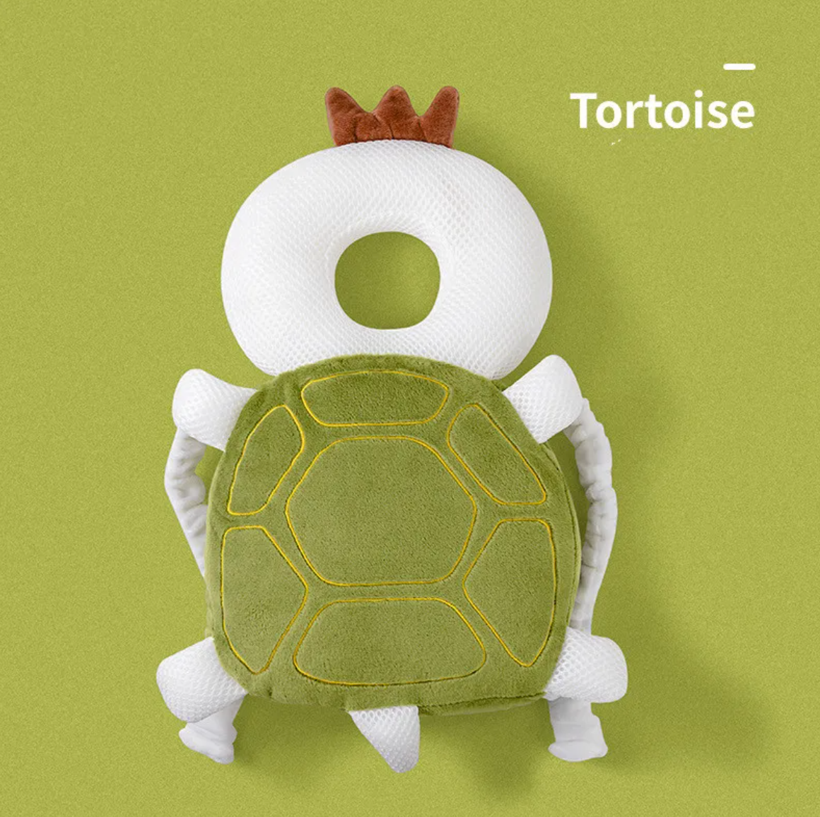 Green tortoise toddler head protection pad backpack, rear view, front view