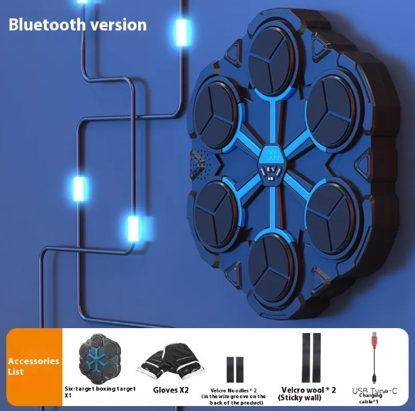 Bluetooth music boxing target machine with gloves and accessories listed, front view
