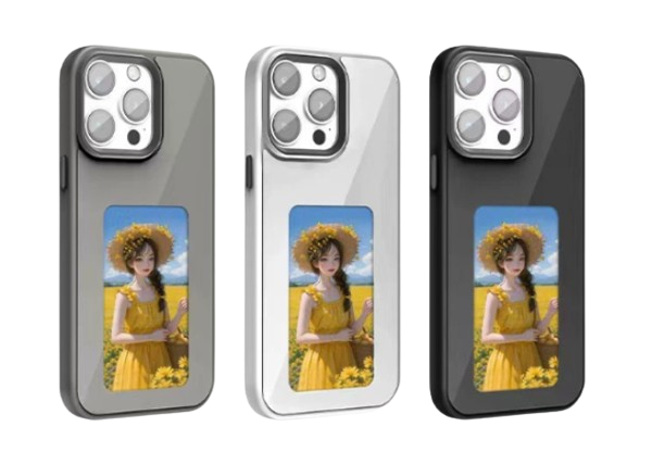 NFC E-ink phone cases in gray, silver and black showing the same photo shown upright