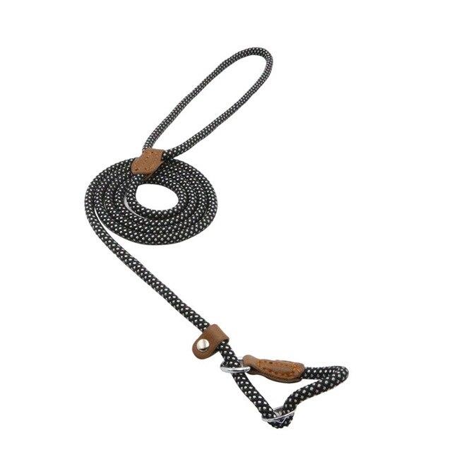 Black and white braided nylon slip lead dog leash with leather stopper shown upright