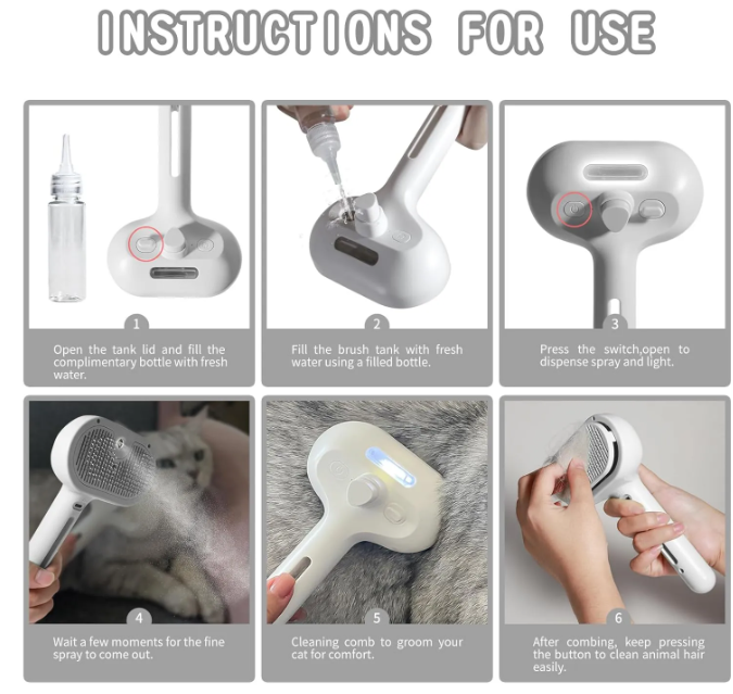 Six-step instructions for filling and using the pet hair spray brush