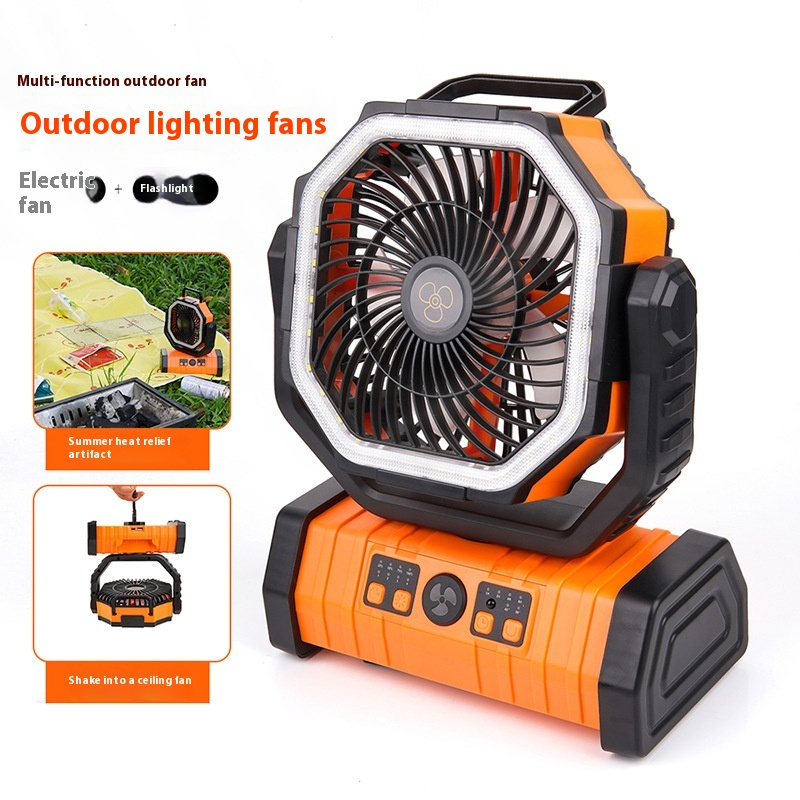 Orange outdoor camping fan with LED lighting shown in use on a patio