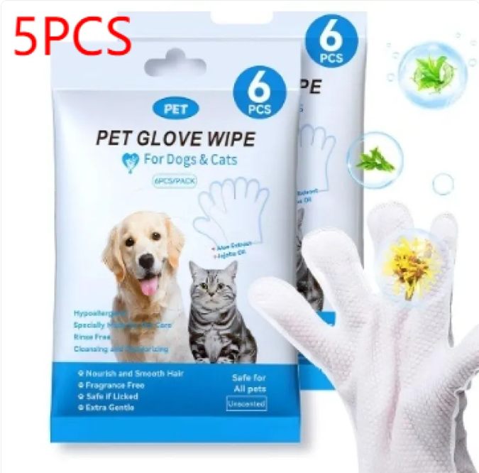 6-piece pet glove wipe pack with a glove on hand, front view