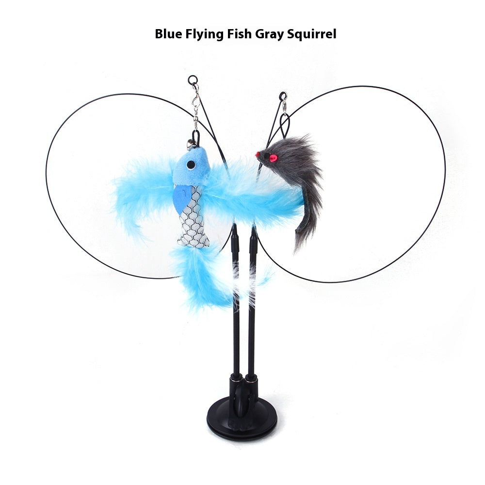 Suction cup cat teaser with feather fish and gray squirrel lures, front view