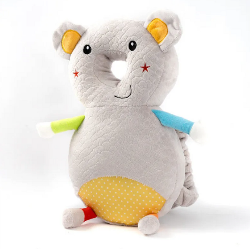 Gray mouse toddler head protection pad backpack, rear view