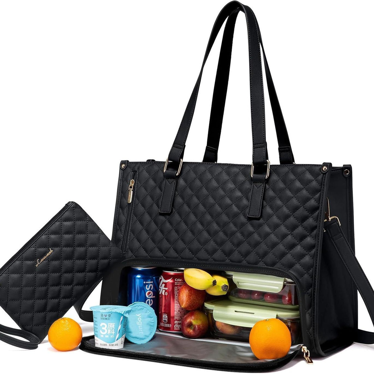 Black quilted insulated lunch tote with matching pouch and food inside