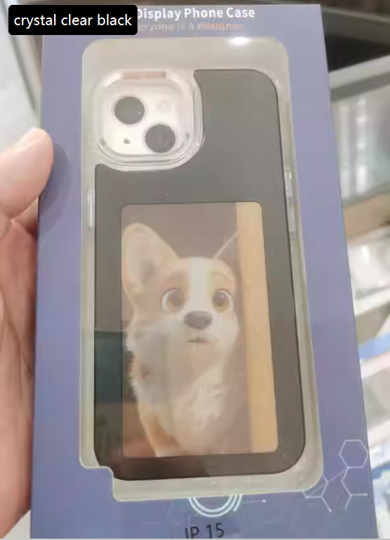 Hand holding a boxed clear NFC display phone case with a corgi photo