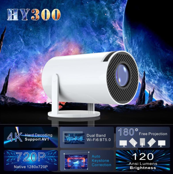 White portable small projector with 4K, Wi-Fi and 180-degree rotation features