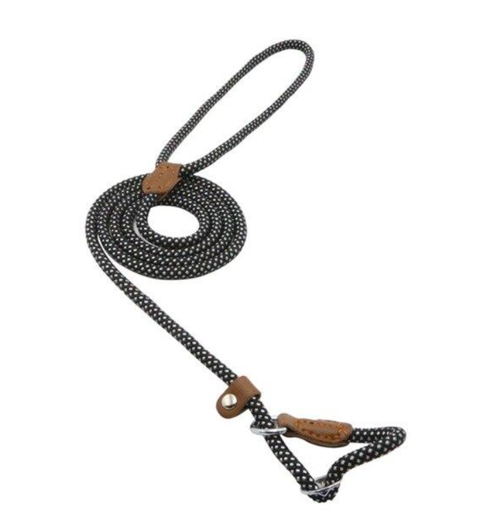 Black and white braided nylon slip lead dog leash with leather stopper